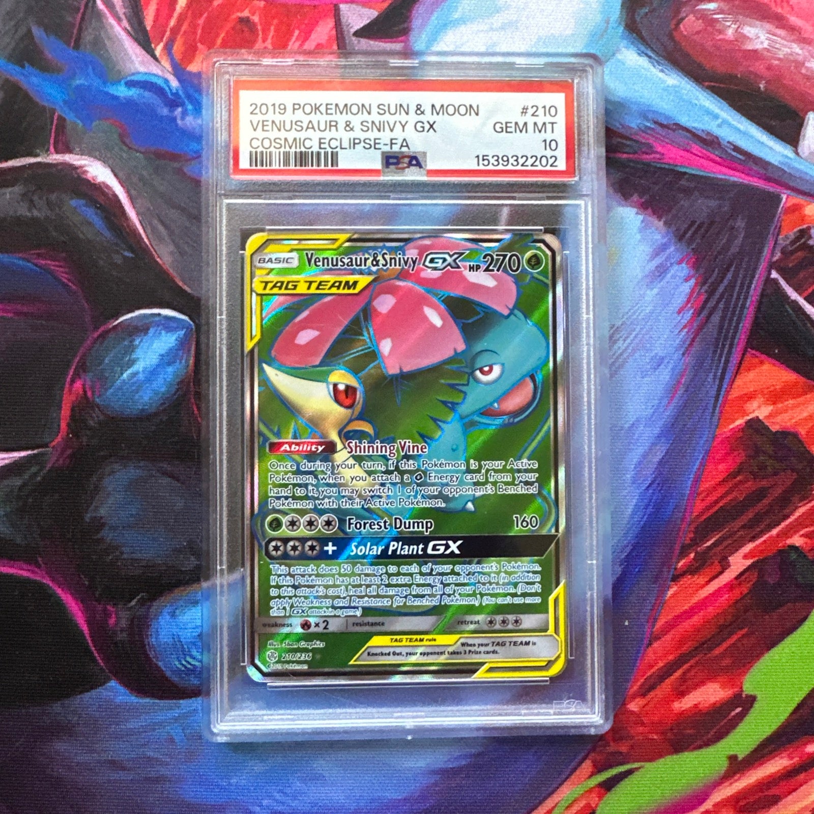 Venusaur & Snivy GX (Full Art) 210/236 Sm-Cosmic Eclipse Holo (Slab Guard Included!)
